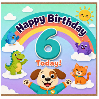 6th Birthday Card, Cute Animals Rainbow Birthday Card