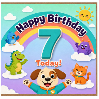 7th Birthday Card, Happy Birthday Today Cute Animals Rainbow Design