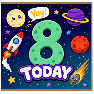 8th Birthday Card, Cute Space Theme Today Card