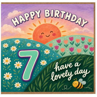 7th Birthday Card, Happy Birthday Have a Lovely Day Sun and Flowers Design