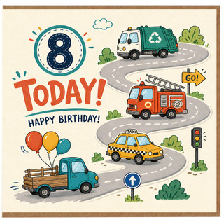 8th Birthday Card, Fun Vehicles Happy Birthday Card
