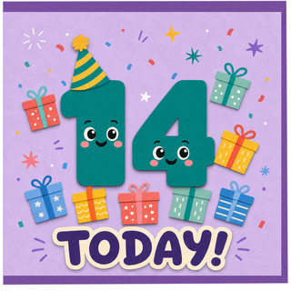 14th Birthday Card, Cute Happy 14 Today Birthday Card with Gifts and Confetti