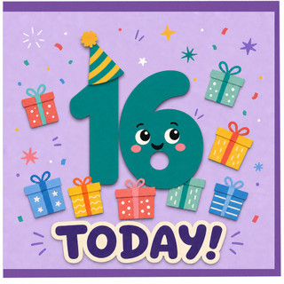 16th Birthday Card, 16 Today Card, Funny Birthday Card with Gifts and Confetti