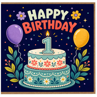 1st Birthday Card, Cute Cake and Balloon Floral Party Card