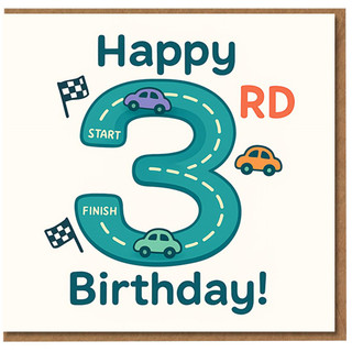 3rd Birthday Card for Child - Cute Car Race Theme - Happy 3rd Birthday Design - Age 3 Kids/Toddler Card