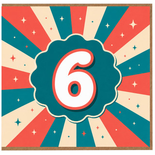 6th Birthday Card, Retro Sunburst Number 6 Card
