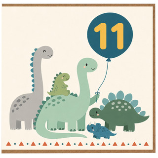 11th Birthday Card, Cute Dinosaur Balloon Design