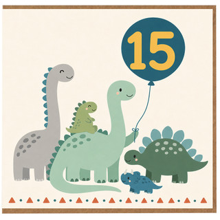 15th Birthday Card, Cute Dinosaur Balloon Design