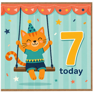 7th Birthday Card, Cute Cat Party Swing Card