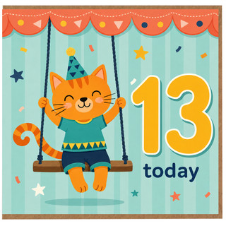 13th Birthday Card, Cat on a Swing Birthday Card for 13 Year Old
