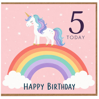 5th Birthday Card, Unicorn Rainbow Happy Birthday Card