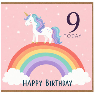 9th Birthday Card, Unicorn Rainbow Happy Birthday Card