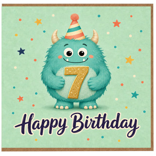 7th Birthday Card, Cute Monster Happy Birthday Card