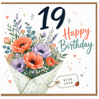 19th Birthday Card, Happy 19 Birthday Floral Bouquet Card With Love