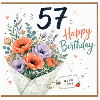 57th Birthday Card, Floral Happy Birthday Card With Love