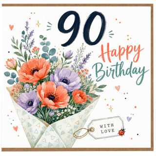 90th Birthday Card, Floral Bouquet Happy Birthday Card