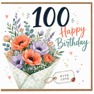 100th Birthday Card, Floral Happy Birthday Card With Love