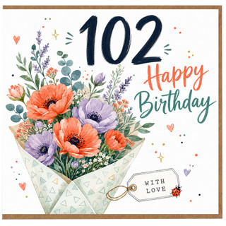 102nd Birthday Card, Happy Birthday Floral Bouquet with Love