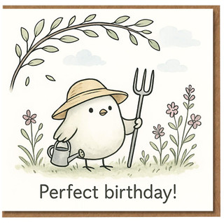 Cute Gardening Bird Birthday Card - Perfect Birthday - Fun Animal Illustration with Hat, Pitchfork and Watering Can - Garden Lover Nature Design