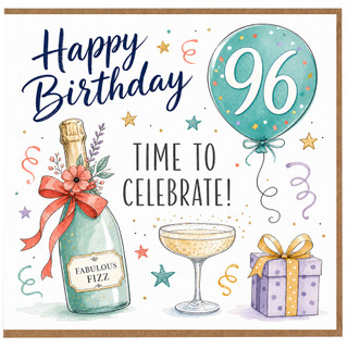 96th Birthday Card, Time to Celebrate Champagne and Balloon Design