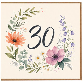 30th Birthday Card, Floral Wreath Design