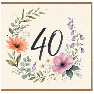 40th Birthday Card, Floral Wreath Design
