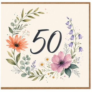 50th Birthday Card, Floral Wreath Design