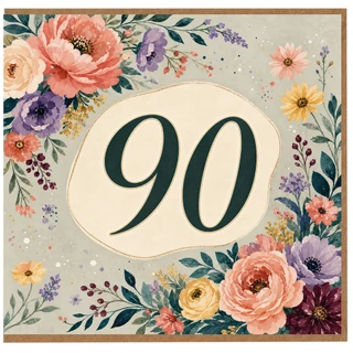 90th Birthday Card, Floral Design with Large 90