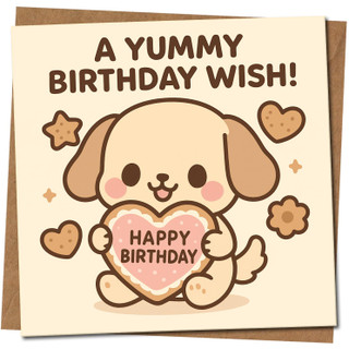 Yummy Birthday Wish Cute Puppy Cookie Birthday Card - Square 145mm x 145mm - Kawaii Dog Illustration, Includes Kraft Envelope