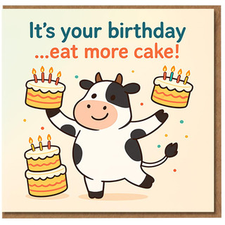 Funny Cow Birthday Card - It's Your Birthday… Eat More Cake! Cute Animal Cartoon, For Him Her Kids Adults, Blank Inside, A6 Greeting Card with Envelope