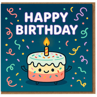 Cute Birthday Card - Happy Birthday Cake With Candle and Confetti - Fun Cartoon Celebration Card for Kids or Adults - Blank Inside - A5 with Envelope