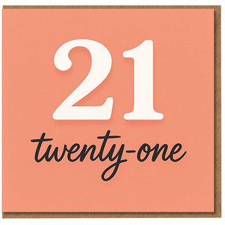 21st Birthday Card - Modern Minimal Coral Design with Large 21 and “twenty-one” Text - Elegant Milestone Greeting Card