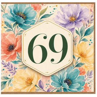 69th Birthday Card, Floral Watercolour Number 69 Birthday Card