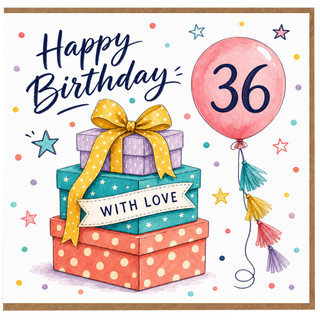36th Birthday Card, Happy Birthday 36 Balloon and Gifts Design