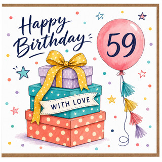 59th Birthday Card, Happy Birthday Gift Box Balloon Card With Love