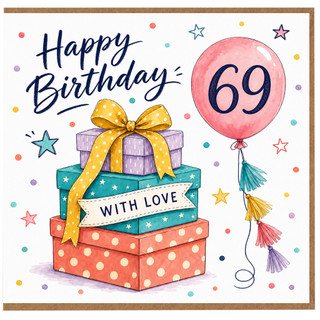 69th Birthday Card, Happy Birthday with Gifts and Balloon Design