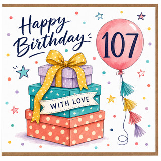 107th Birthday Card, Happy Birthday With Love Gift Boxes and Balloon Card