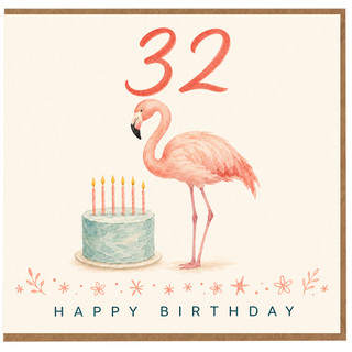 32nd Birthday Card, Flamingo Cake Happy Birthday Card