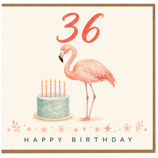 36th Birthday Card, Flamingo and Cake Happy Birthday Card