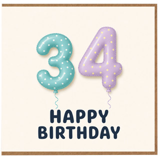 34th Birthday Card, Balloon Number Happy Birthday Card