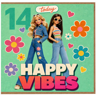 14th Birthday Card, Happy Vibes Retro Girls Design