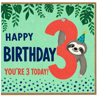 3rd Birthday Card, Cute Sloth Birthday Card for Age 3, Happy Birthday You're 3 Today