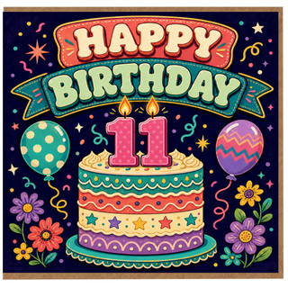 11th Birthday Card, Happy Birthday Cute Cake and Balloon Design