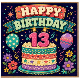 13th Birthday Card, Colourful Retro Happy Birthday Cake Design
