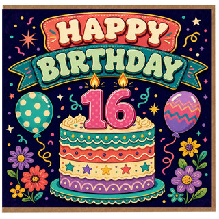 16th Birthday Card, Retro Cake and Balloon Design