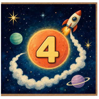 4th Birthday Card, Space Rocket and Planets Design