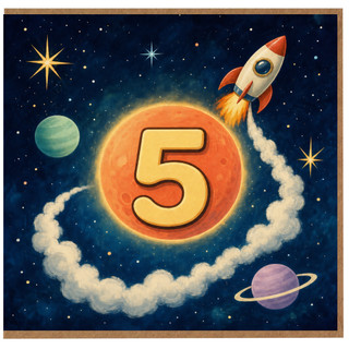 5th Birthday Card, Space Rocket and Planet Design