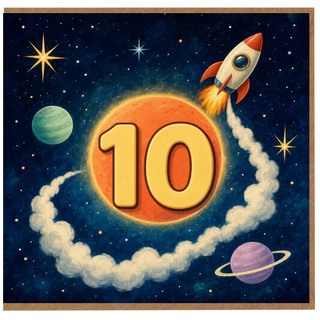 10th Birthday Card, Space Rocket Planet Design