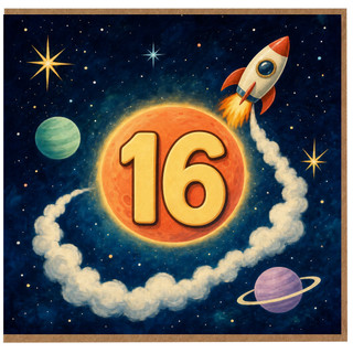 16th Birthday Card, Space Rocket and Planet Design