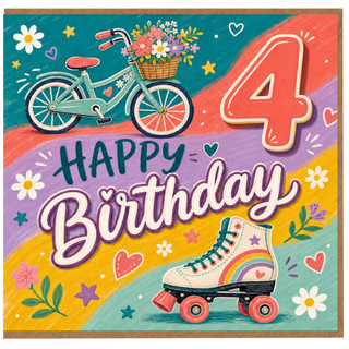 4th Birthday Card, Happy Birthday Bike and Roller Skate Design